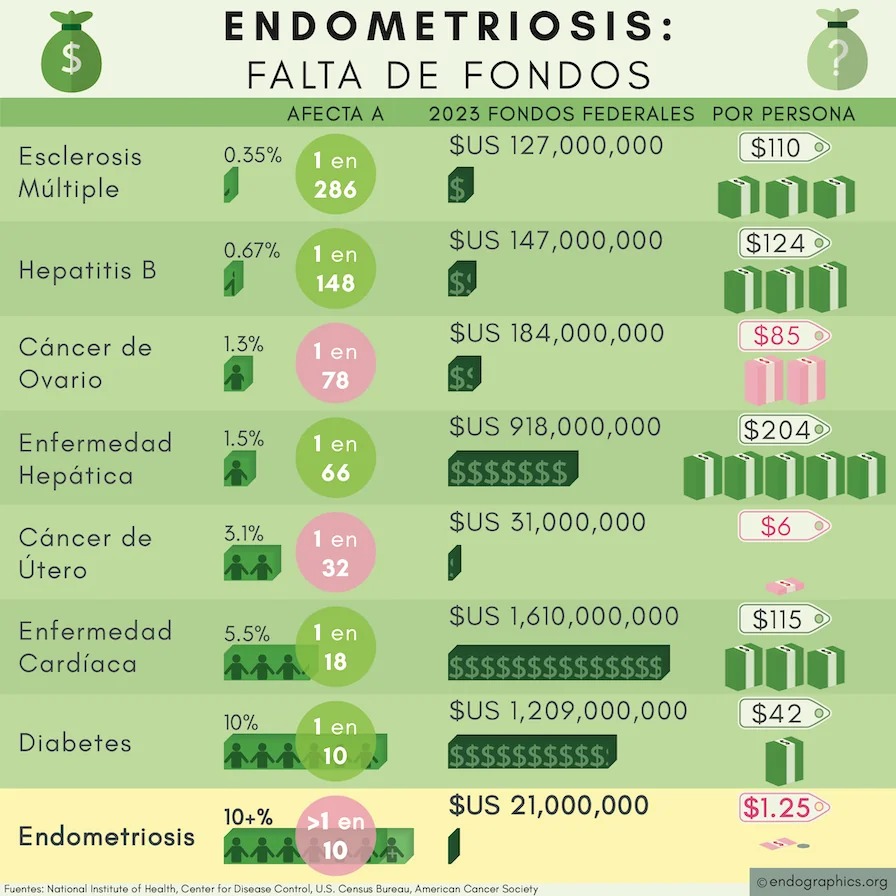 Endometriosis: falta de fondos. Infografía que compara los fondos federales de investigación de 2023 para varias enfermedades